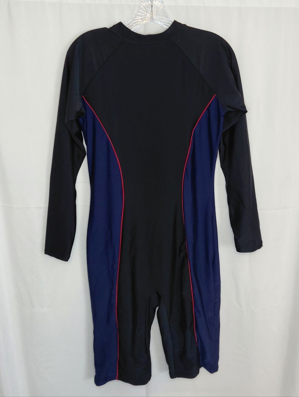 Long-Sleeve One-Piece Swim Suit with Navy Side Panels and Pink Piping - Picture 2 of 16